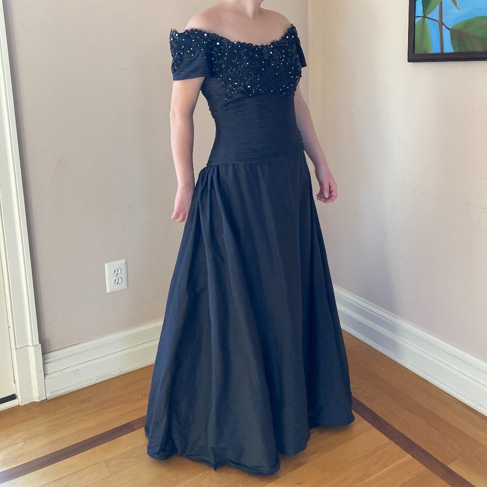 Black, Silk Dress with Silver, Beaded Embroidery by Vasarri - Picture 3 of 14